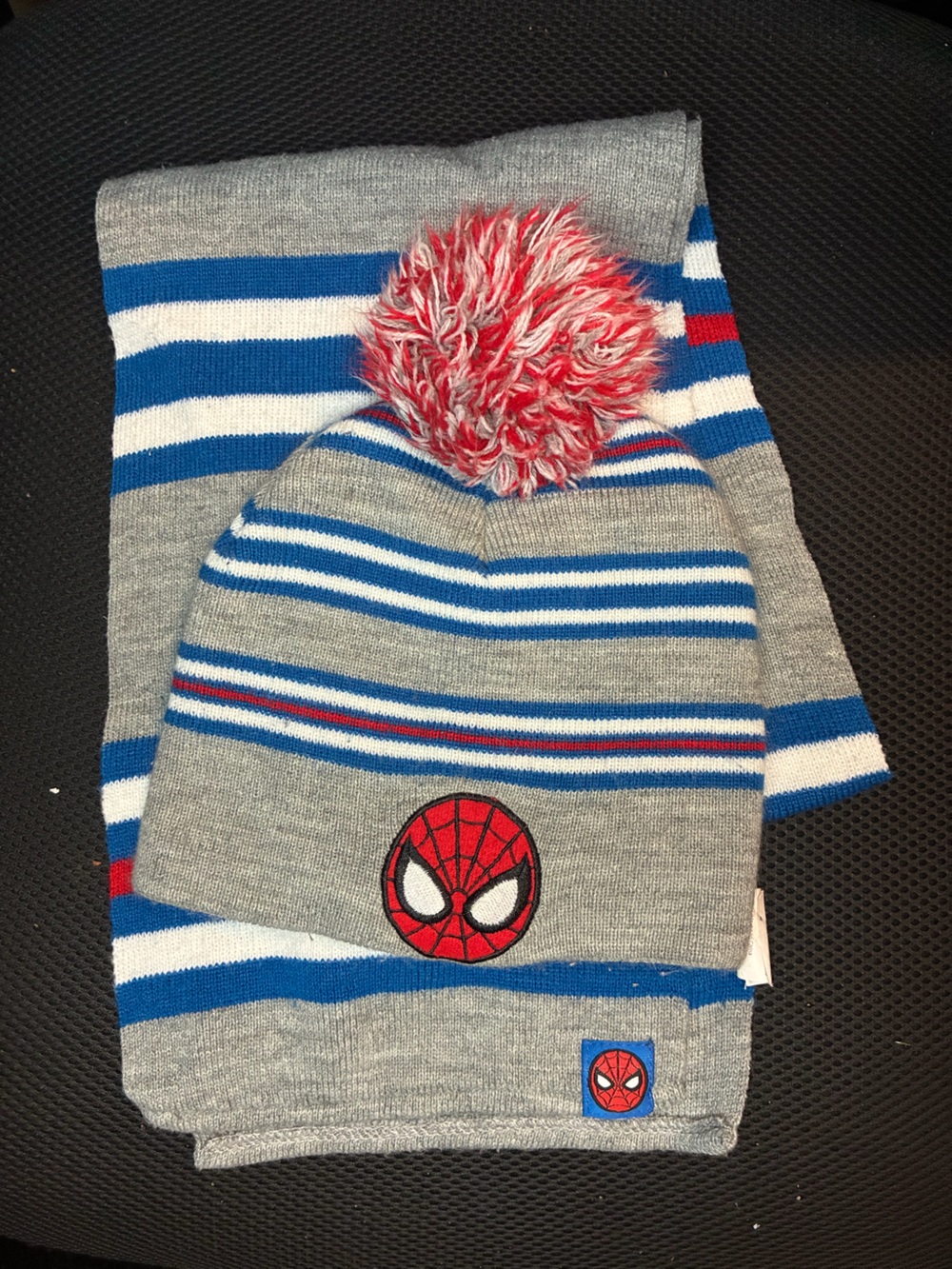 Kids Gray & Blue Striped Beanie with Red Pom Pom - Spider Mask Patch